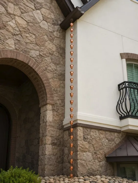 Copper cup-style rain chain hanging from a dark eave down the corner of a stone and cream stucco home