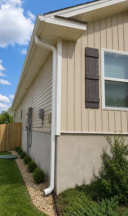 White gutter and downspout running down the corner of a tan board-and-batten home with dark shutters, over a gravel drainage bed