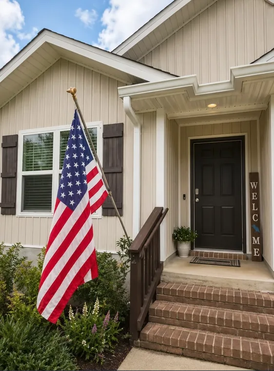 White downspout at the porch corner of a tan vertical-siding home with dark shutters, a dark front door and brick steps
