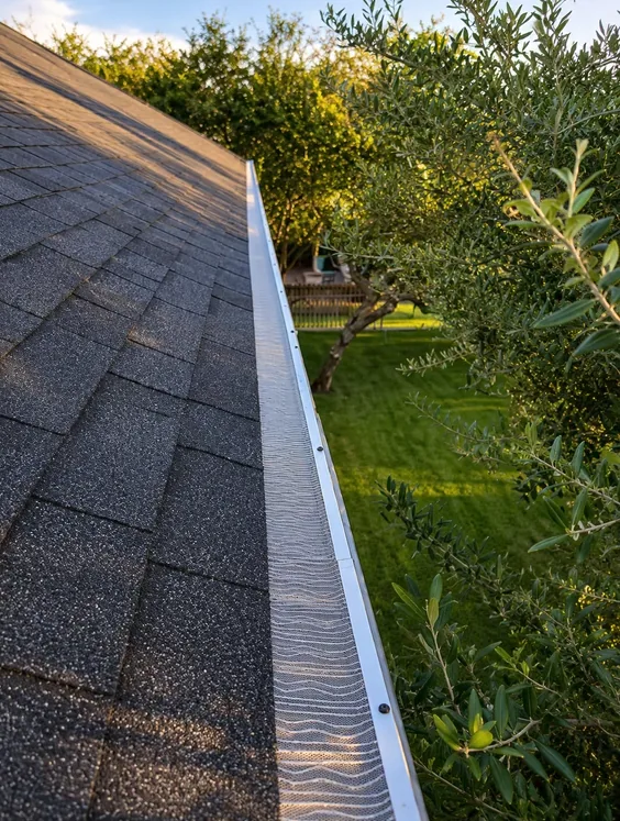 Micro-mesh gutter guard along a dark shingle roof edge, seen from the roof, with a lawn and trees below