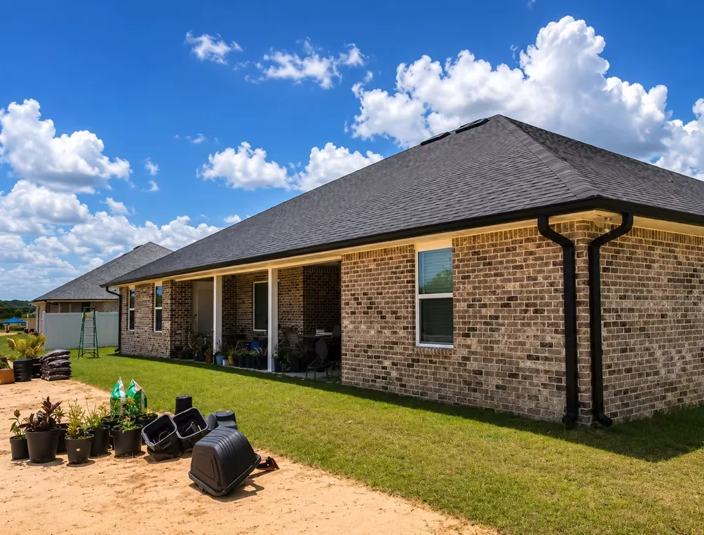 Black gutter and downspout on the corner of a tan brick single-storey home with a dark shingle hip roof