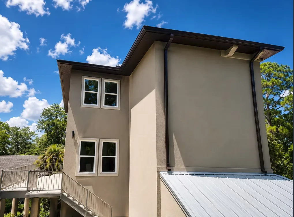 Dark bronze gutter and downspout on a tan stucco two-storey home, above a white metal porch roof
