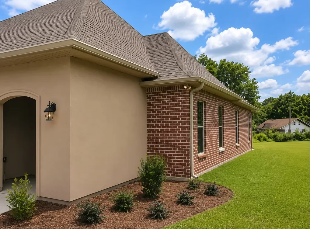 Tan gutter and corner downspout on a stucco and red brick home with a hip roof and fresh mulched landscaping