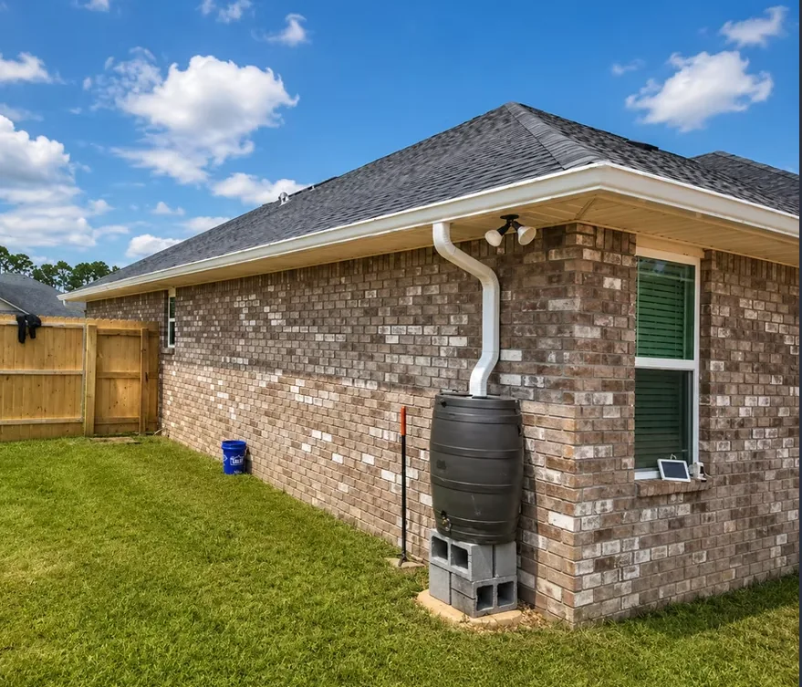 White seamless gutter and downspout along a tan brick single-storey home, feeding a rain barrel beside a wooden privacy fence