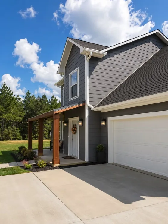 White gutter and downspout on the front corner of a grey two-storey home with a timber-post porch and white garage door